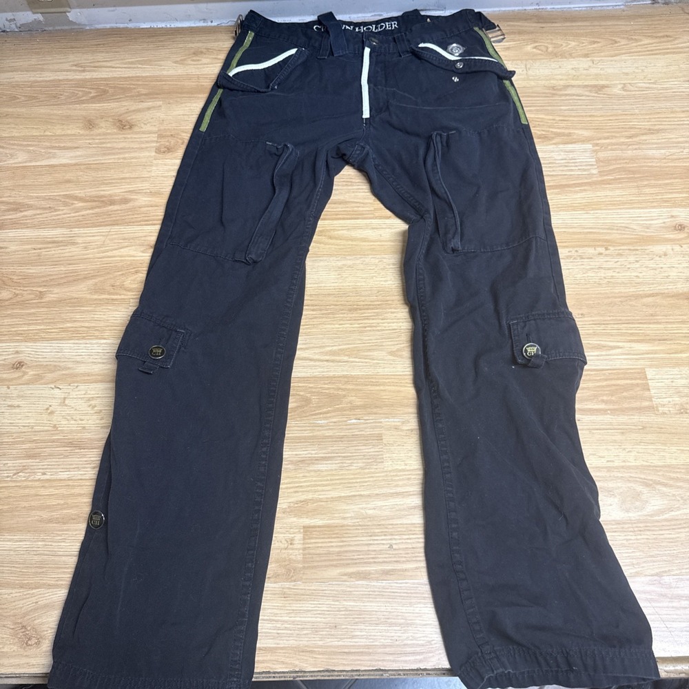 Y2K Crown Holder Black Cargo Embroidered Pants Men's 34x32 Street wear